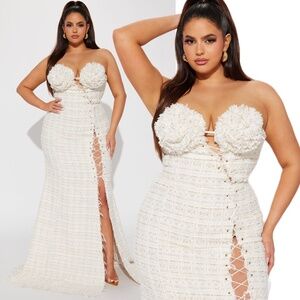 TWEED CREAM MAXI GOWN DRESS